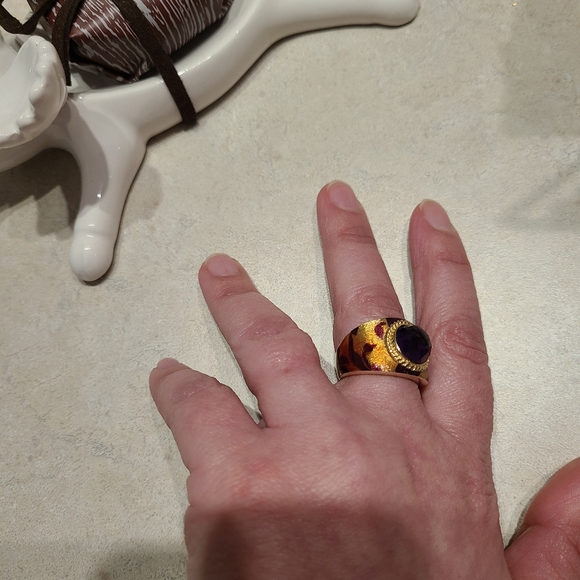 14k yellow gold with purple and orange inlay ring - Picture 7 of 8